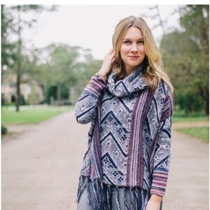 Free People Be the One Cowl Fringe Wool Alpaca Poncho Fringe Sweater, size XS